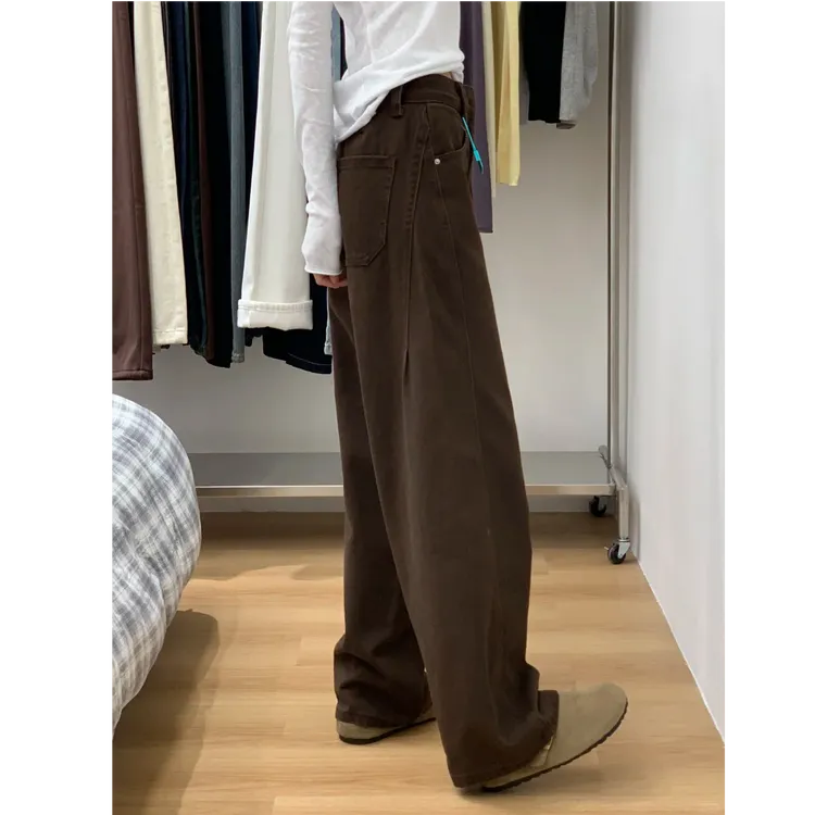 拉夏贝尔美拉德咖色弯刀阔腿裤子女秋冬季休闲外穿显瘦新塘牛仔裤