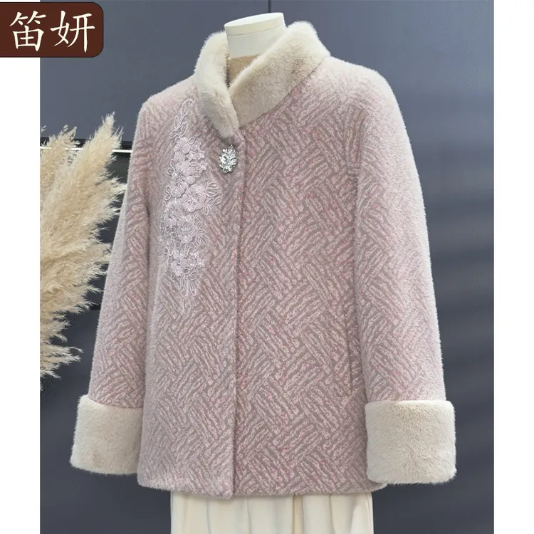 妈妈装2025秋冬新款仿水貂绒外套加绒上衣中老年女装高贵呢子衣服