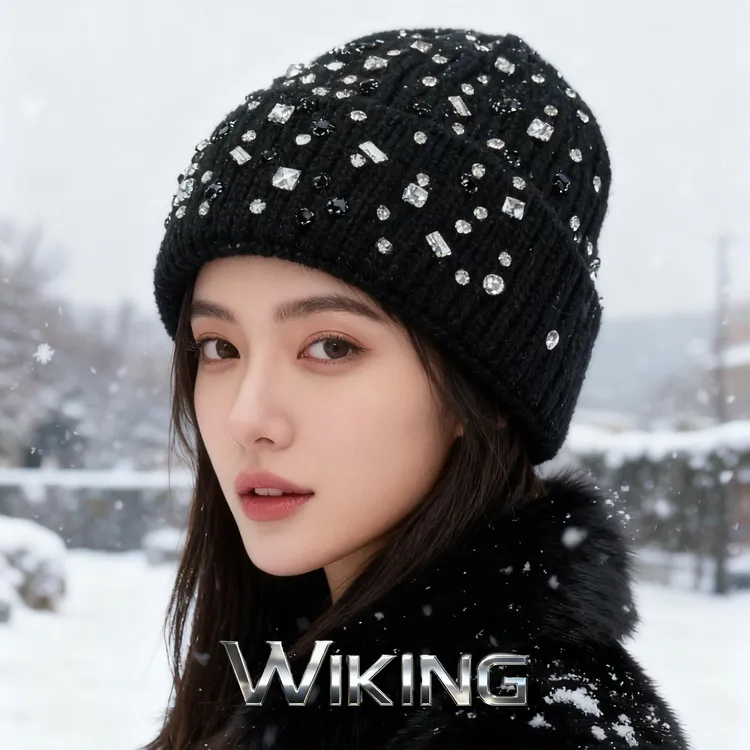 王大嘴原创 ”黑白锆石“秋冬时尚重工手缝锆石针织冷帽M678