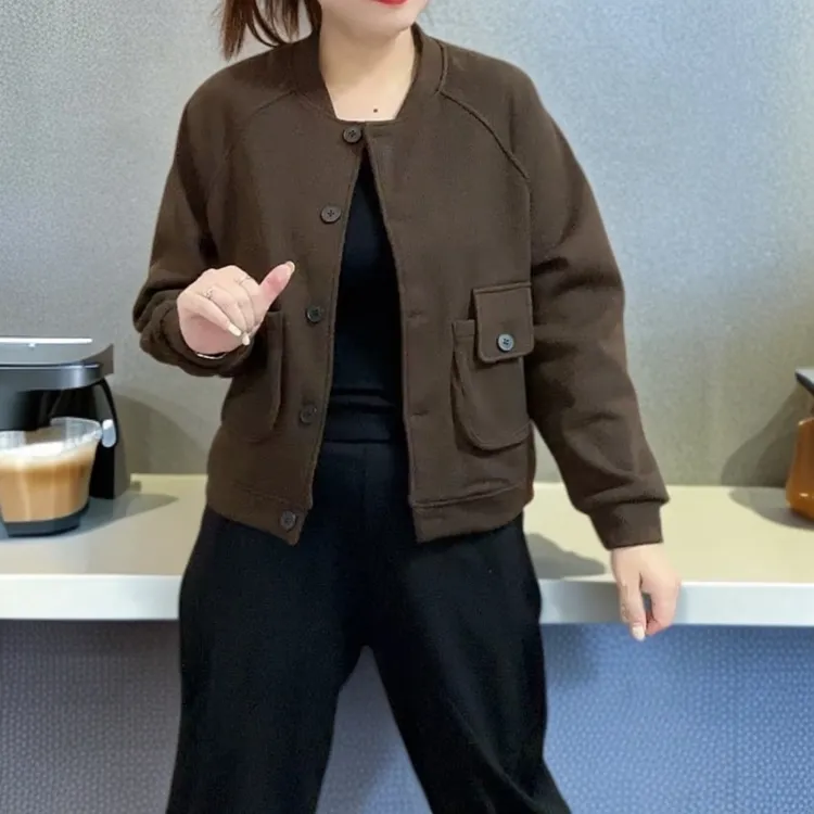 大码秋季加绒洋气宽松长袖短款常规宽松纯色常规款舒适外套