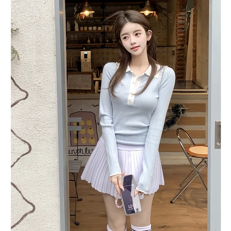 【高尔夫俱乐部】韩系甜美少女2025春季polo撞色针织上衣配百褶短裙