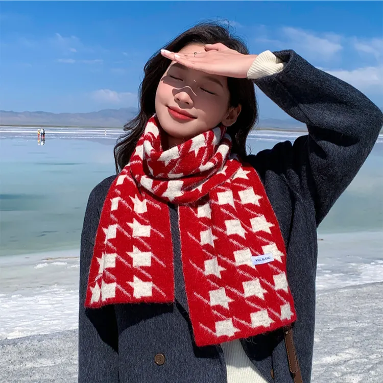 秋冬保暖围巾新款百搭加厚保暖围脖软糯女士时髦千鸟格红色围巾