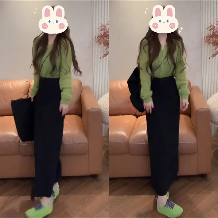 温柔甜美舒适糖果色开衫毛衣 +高腰双面穿后开叉半身裙BB50380