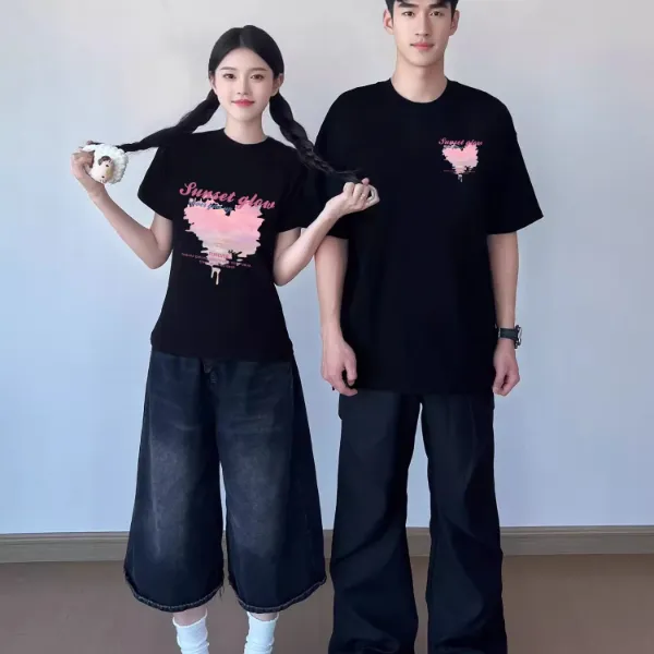（2件装）情侣装短袖t恤男女一长一短2025夏季新款修身显瘦纯棉短袖