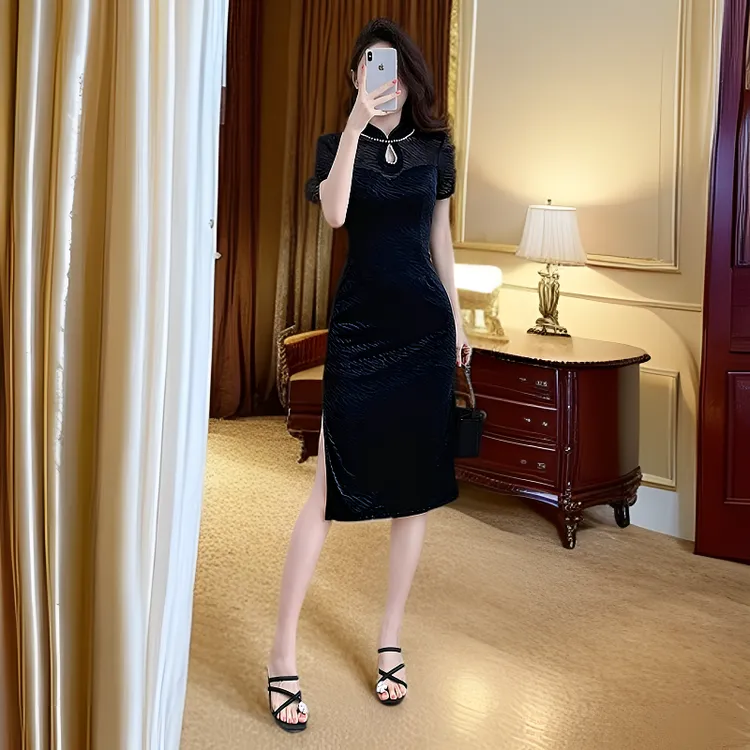 名媛气质新中式立领珍珠镂空网纱拼接透视感短袖修身显瘦连衣裙女