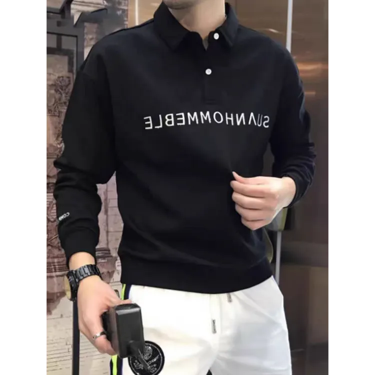 保登皮兹刺绣卫衣男士加绒加厚衬衫领秋季新款翻领polo衫套头