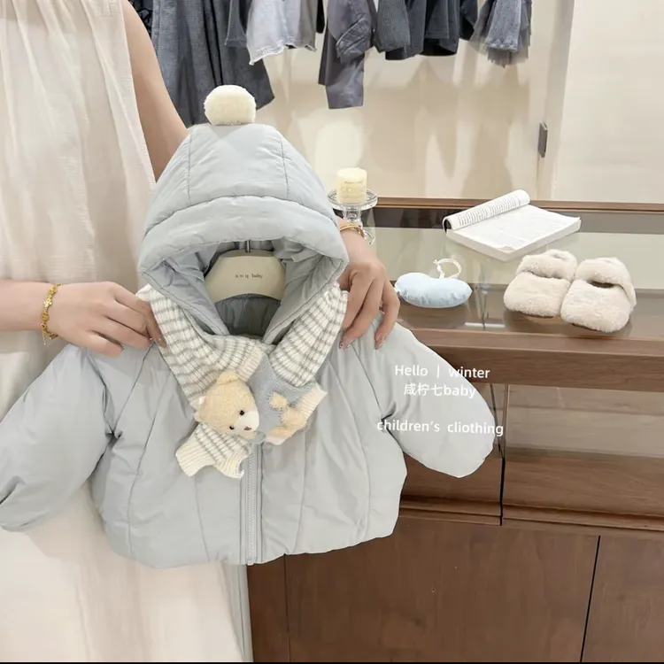 原创女童冬季新款棉服奶蓝小熊外套冬装连帽棉衣加绒加厚款送围巾