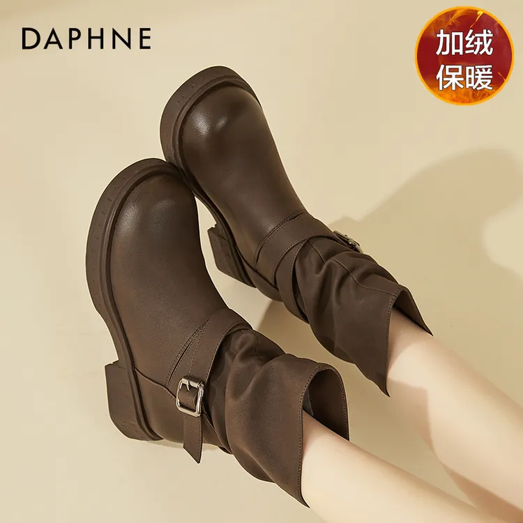 达芙妮加绒厚底短靴女款2025新款爆款冬季女鞋复古马丁靴堆堆靴子