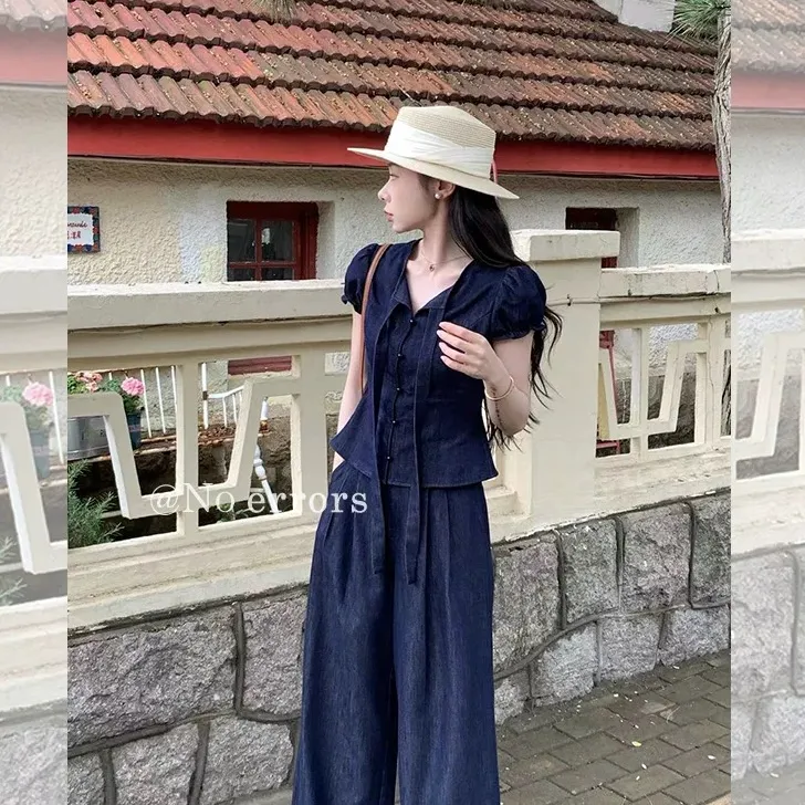 休闲风绑带收腰泡泡袖牛仔套装女蓝色气质复古小个子两件套#1017