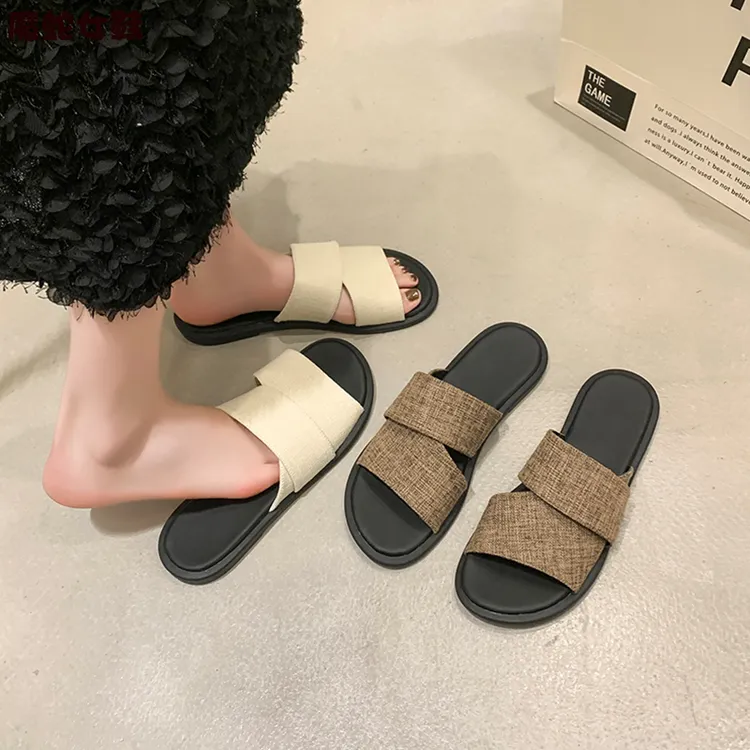 【万达撤柜】2025新款小众帆布露趾懒人拖鞋厚底一字宽带时尚网红平