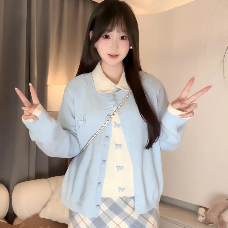 大码女装胖妹妹2025秋冬新款长袖娃娃领假两件针织衫甜美显瘦上衣