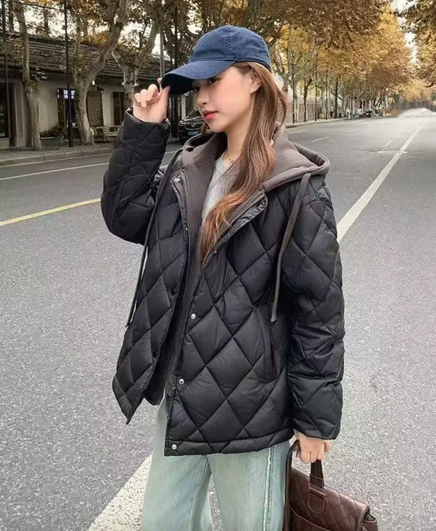 奇奇家时尚韩版大码女装2025冬季新款拼接假两件保暖棉服外套