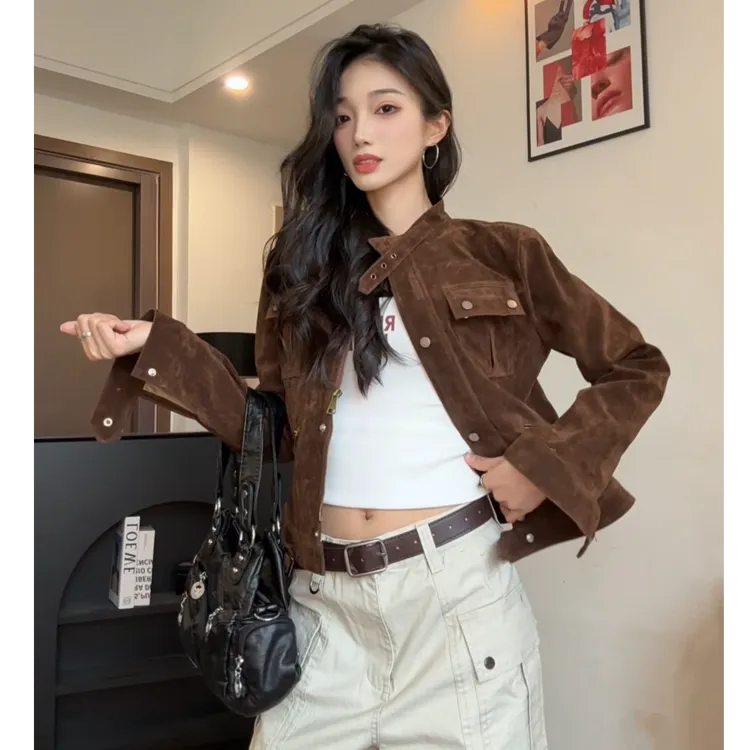 XTD 美式复古麂皮绒立领机车夹克外套女宽松显瘦短款上衣外套女