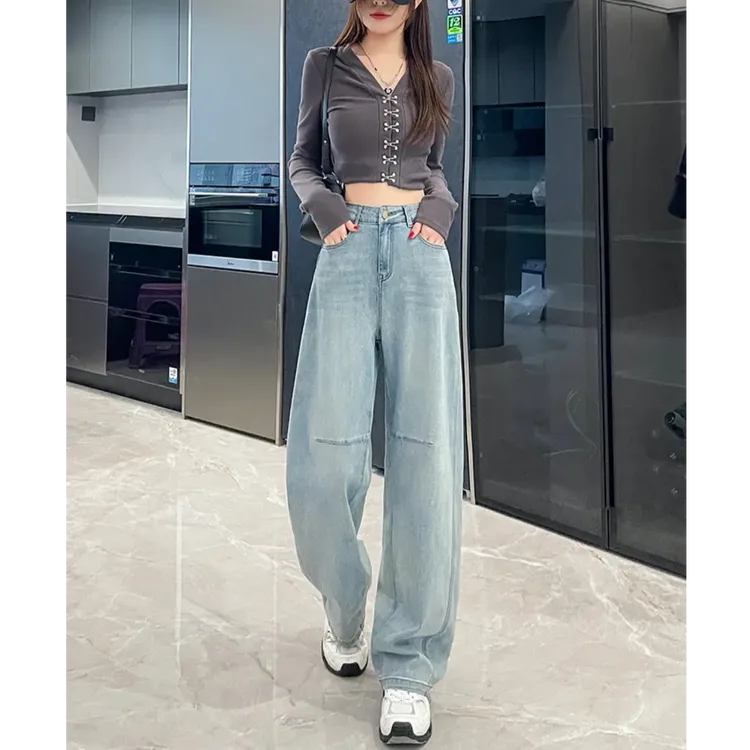 高腰弯刀牛仔裤女2025秋季大码女装胖mm垂感显瘦阔腿裤休闲拖地裤