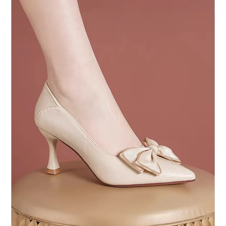 时尚气质软皮单鞋2024年新款蝴蝶结高跟鞋尖头不累脚细跟工作女鞋