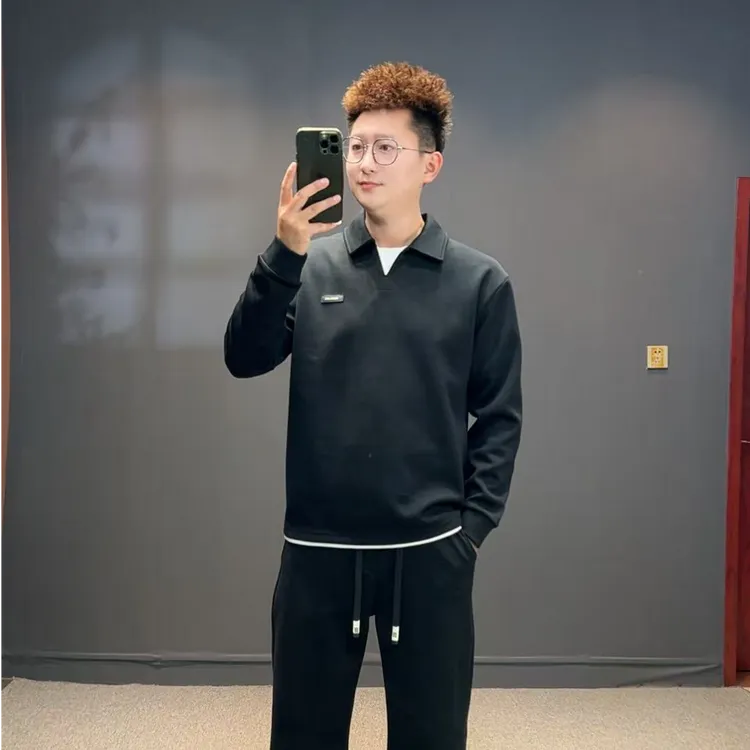 春秋季翻领长袖刺绣套头卫衣拼接上衣休闲男装百搭时尚55000-2