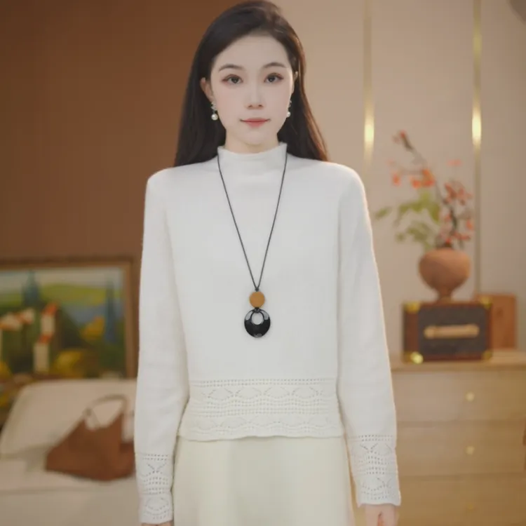 （百分百全羊毛）镂空钩花设计高级百搭宽松显瘦半高领上衣1599380