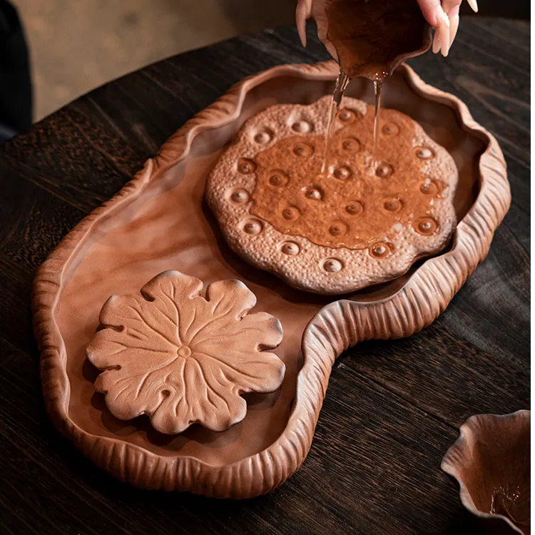 素烧莲子盘茶盘禅意户外陶瓷便携茶具干泡台托盘粗陶莲子茶盘