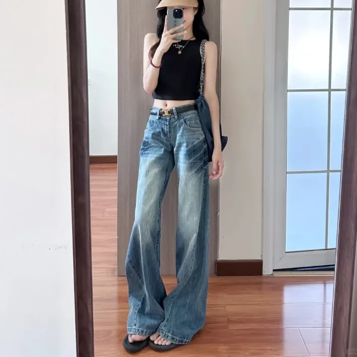 美式复古慵懒感水洗褶皱牛仔裤女2025夏季新款低腰显瘦宽松阔腿裤
