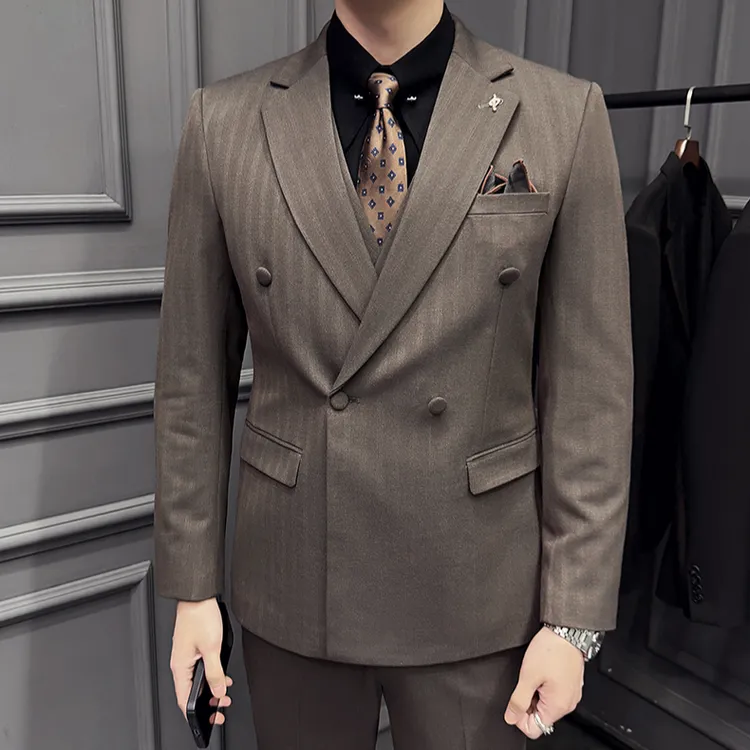 棕色西装套装男士条纹西服平驳领双排扣韩版结婚新郎礼服商务宴会