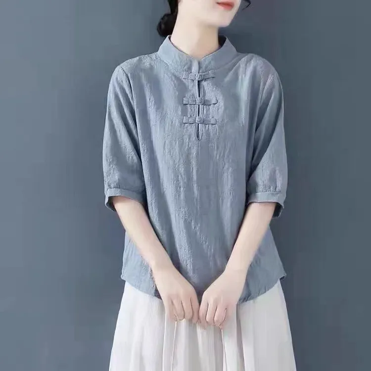 民族风纯棉刺绣衬衫女夏季中年妈妈宽松五分袖新中式立领盘扣上衣