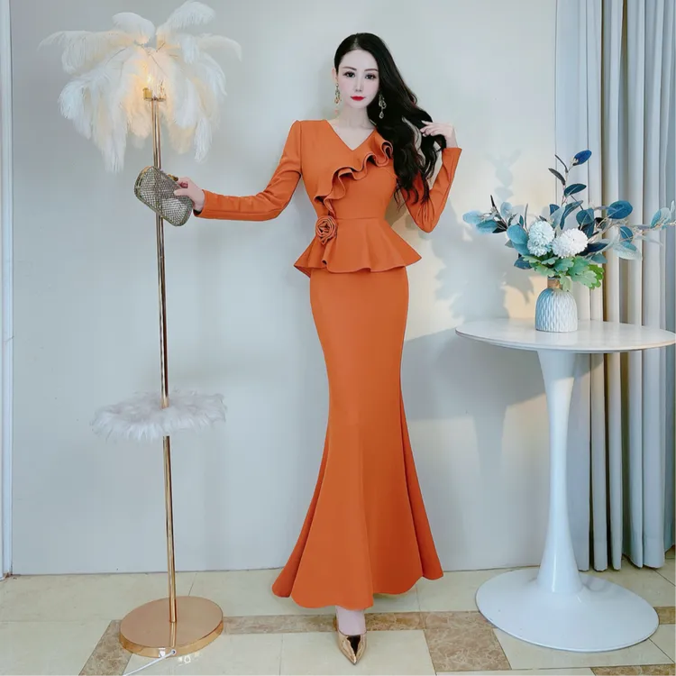 优雅气质纯色高级感修身显瘦鱼尾长裙荷叶边遮肚子收腰包臀连衣裙