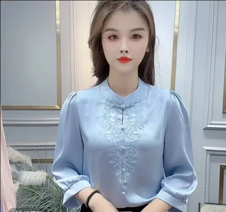 2025新款爆款时尚气质百搭刺绣套头衫蓝色T恤打底半袖宽松显瘦