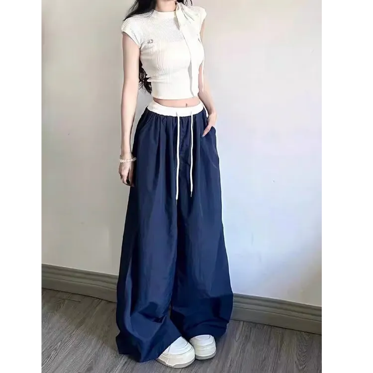 美式复古运动阔腿裤女款夏季慵懒松弛感裤子拼色宽松显瘦休闲裤