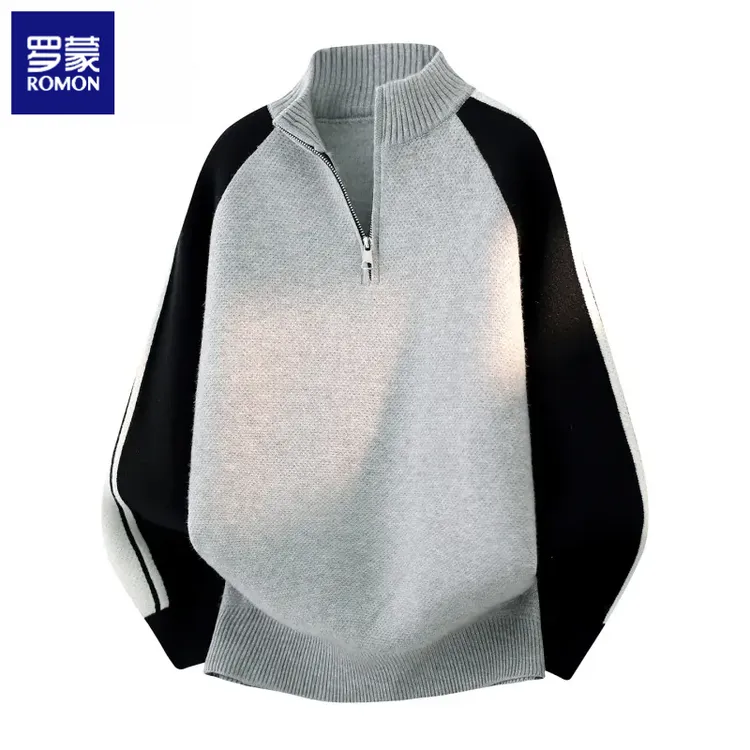 罗蒙青少年半高领毛衣男生秋冬季半拉链加绒加厚学院风内搭针织潮
