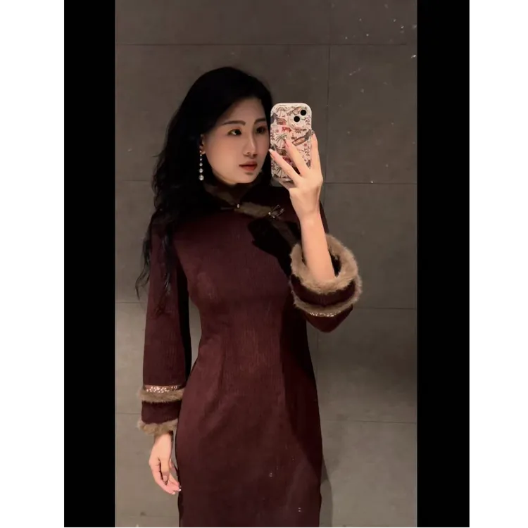 【梧桐】新中式袖型长旗袍咖啡色旗袍气质网红复古显瘦