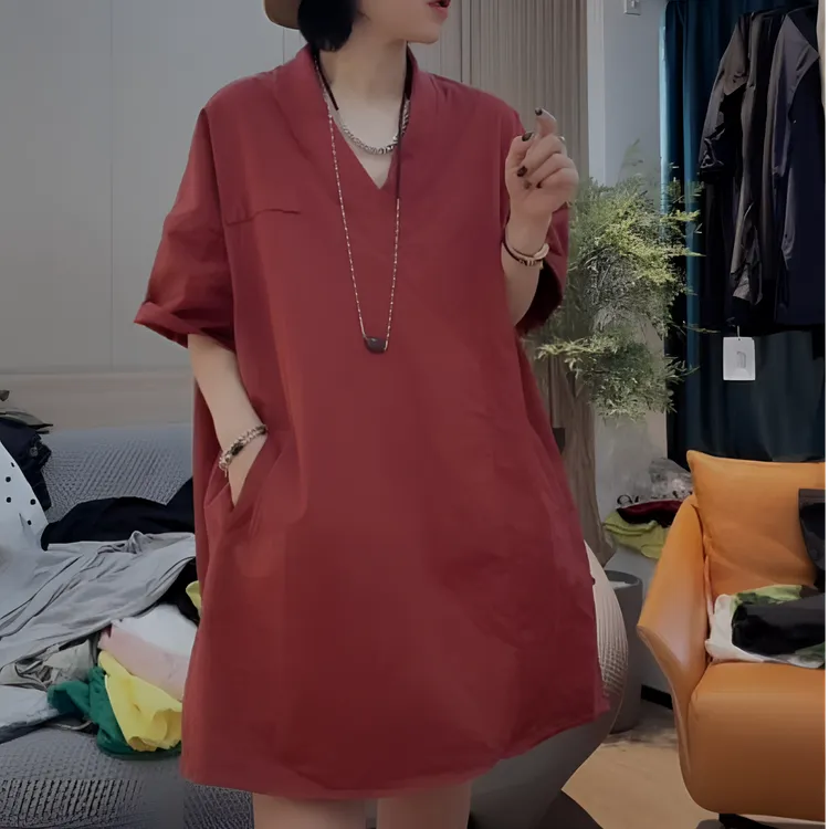 【芬芬姐精选】夏季定制款纯色V领休闲宽松ins韩版衬衫连衣裙