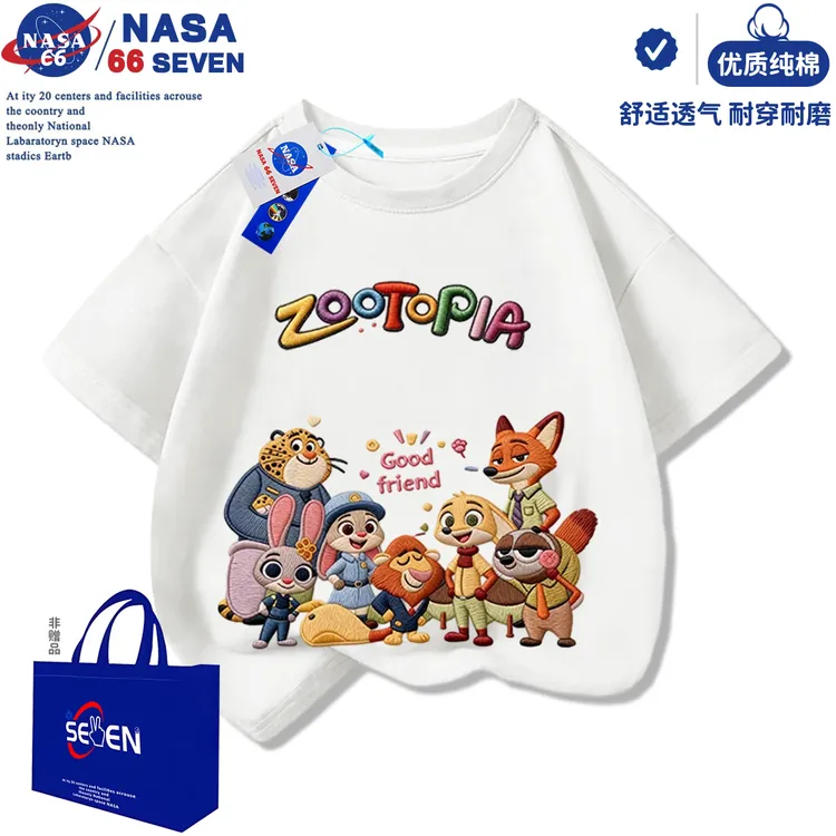 NASA疯狂动物城儿童短袖夏季新款仿刺绣印花纯棉T恤男女童半袖衫