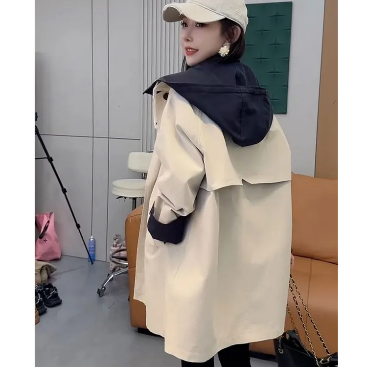 高级感单面穿风衣外套女中长款2025秋季新款英伦风连帽小个子风衣