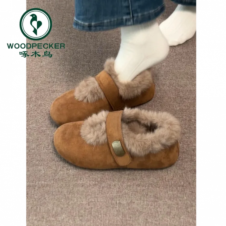 啄木鸟厚底内增高勃肯鞋女款2025冬季新款复古加绒保暖棉鞋毛毛鞋