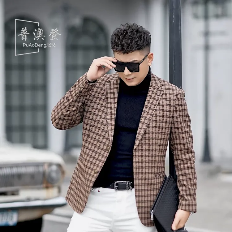 2025男士西装秋季新款轻奢时尚百搭休闲格子西服外套