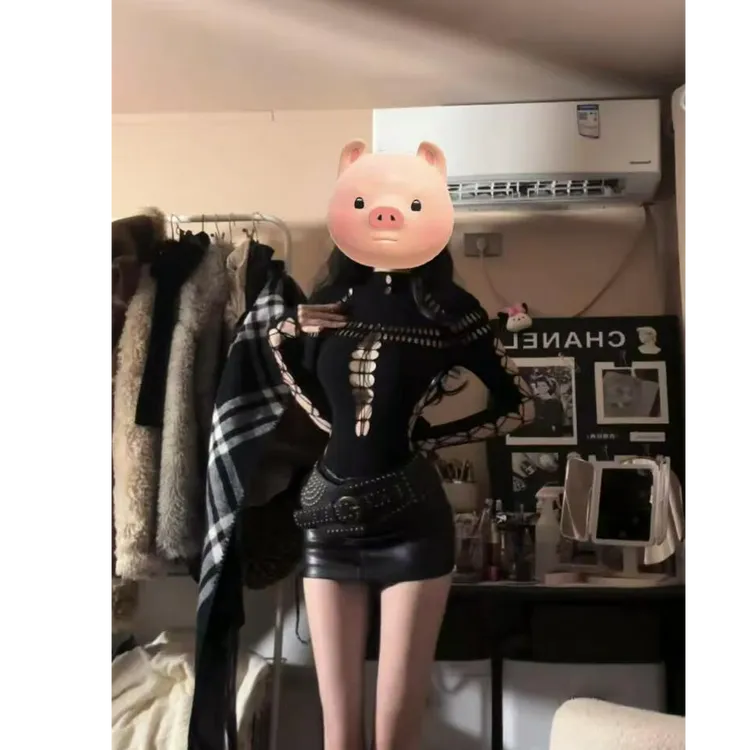 镂空朋克风机车少女泰兰德暗黑百搭款皮裙套装女辣妹2025春季新款