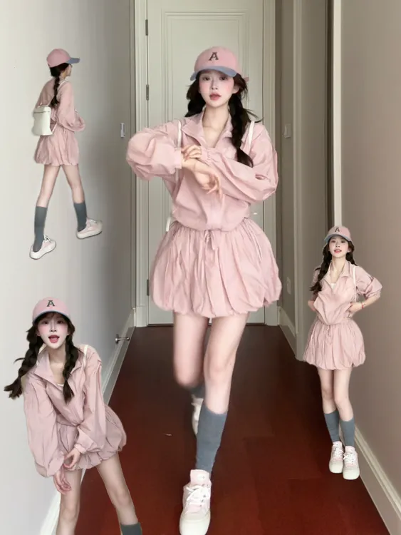 ukmfx2025女夏季新款韩系潮流粉色外套花苞裙裤搭配套装女防晒