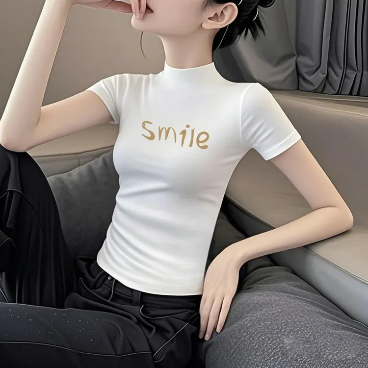 白色莫代尔冰丝短袖t恤女夏季新款薄款印花修身纯欲慵懒风女装