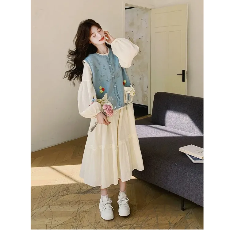 蓝色针织马甲连衣裙套装女春秋季叠穿两件套学院风森系减龄温柔风