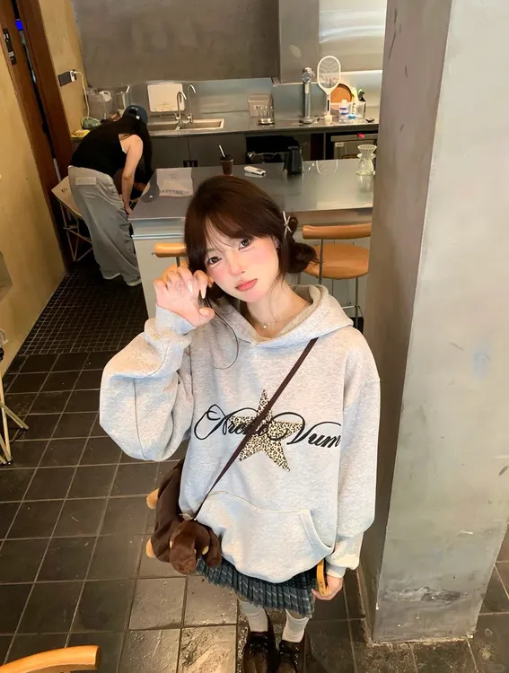美式复古豹纹星星印花图案连帽卫衣外套男女秋冬宽松休闲情侣帽衫
