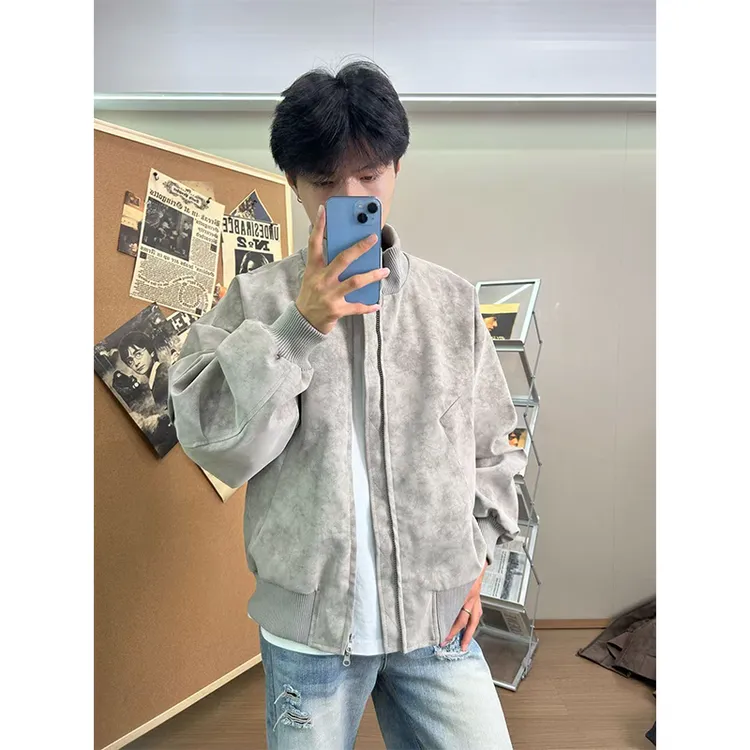 cleanfit美式立领扎染PU皮衣外套男春秋冬季短款飞行员夹克棒球服