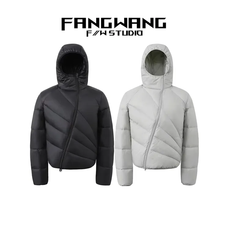 FANGWANG「放射线轻量化」排骨斜拉链解构轻薄连帽羽绒服正肩防水