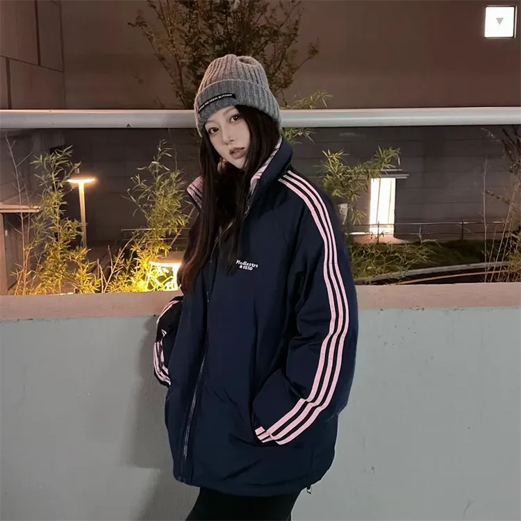 冬季新款加厚棉衣男女同款美式休闲慵懒风三条杠撞色面包服外套潮