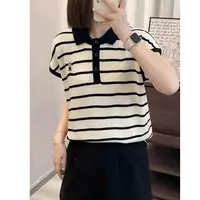 飞飞袖短袖针织衫女薄款夏季新款时尚洋气宽松条纹刺绣上衣1165-2