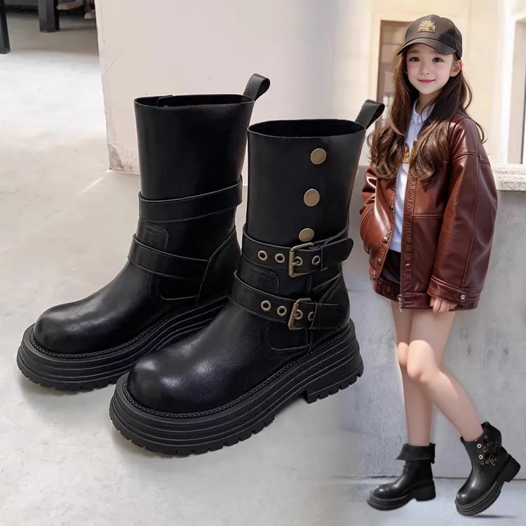 女童靴子2025秋冬新款儿童马丁靴女孩中大童短靴公主加绒低筒皮靴