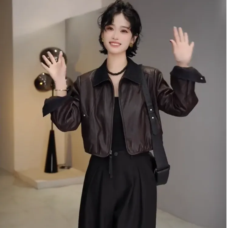 韩版时尚翻领长袖皮衣外套女2025秋季新款百搭宽松显瘦超好看上衣