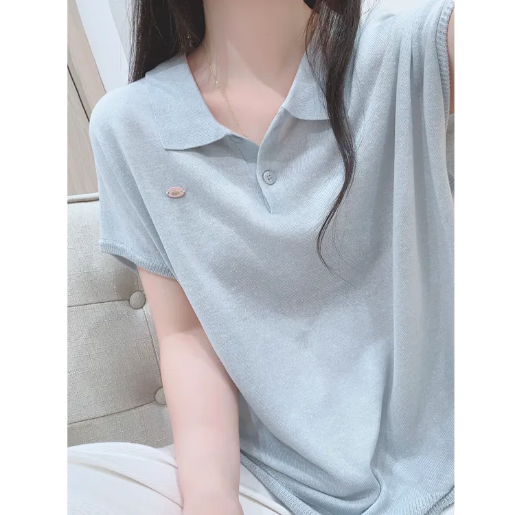 欧货蓝色翻领短袖薄款竹纤维POLO针织衫女夏宽松百搭显瘦T恤上衣