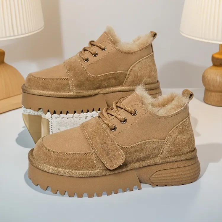 内里全羊毛！冬季加厚男士时尚雪地靴户外防滑圆头系带靴情侣棉鞋