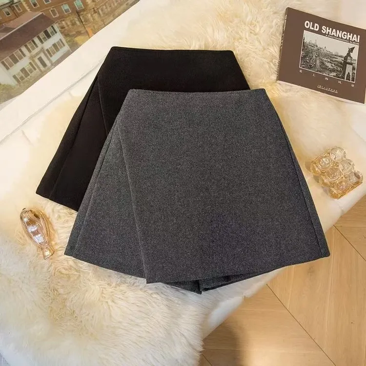 不规则毛呢半身裙女2025秋冬显瘦遮胯阔腿短裤靴裤高腰a字短裤裙