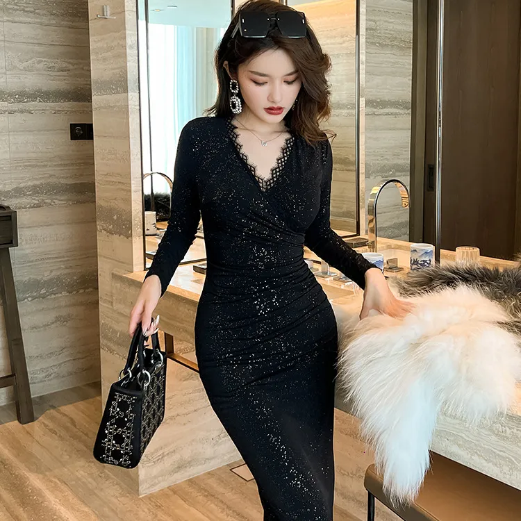 性感修身包臀长袖打底气质名媛时尚轻奢弹力收腰女装连衣裙20204